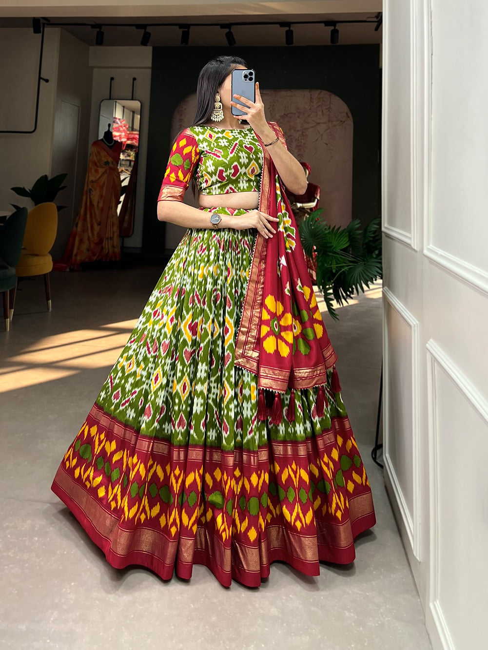 Beautiful Tussar Silk Patola Print With Foil Work Lehenga Choli