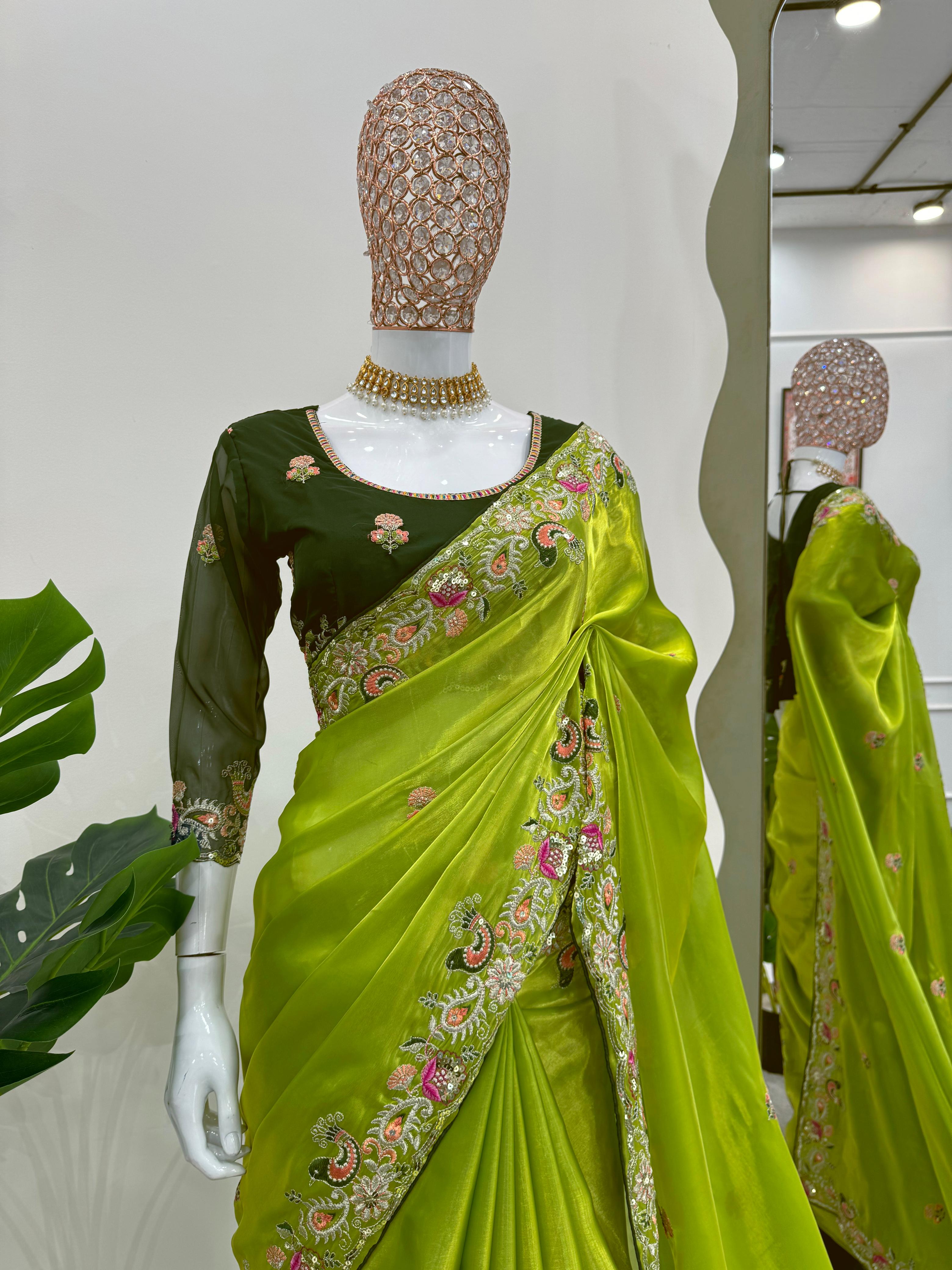 Beautiful Designer Green Tibby Silk Saree