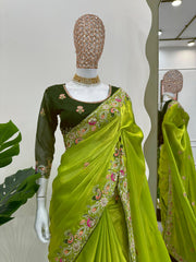 Beautiful Designer Green Tibby Silk Saree