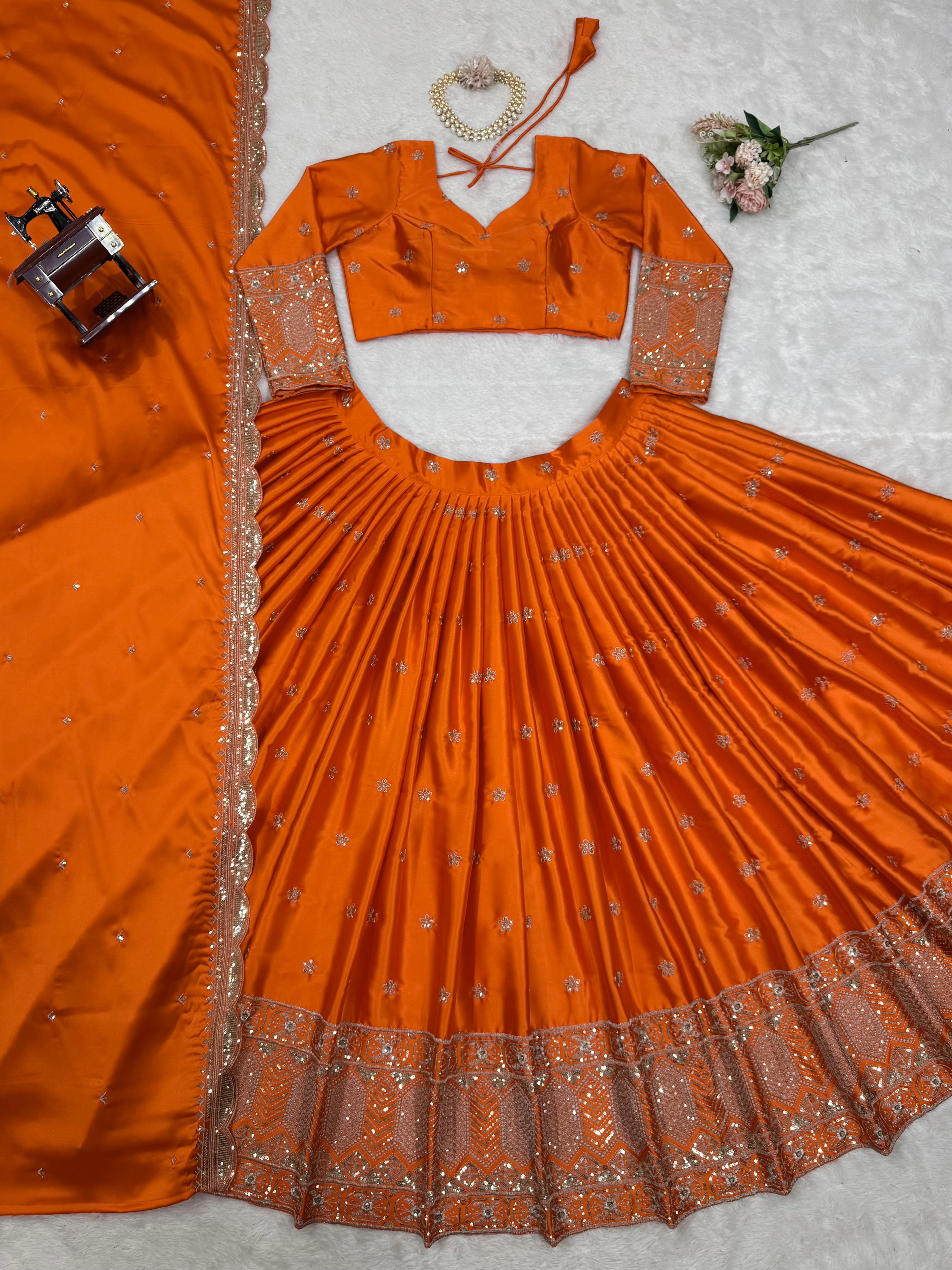 Outstanding Orange Satin Silk Thread With Sequence Work Lehenga Choli