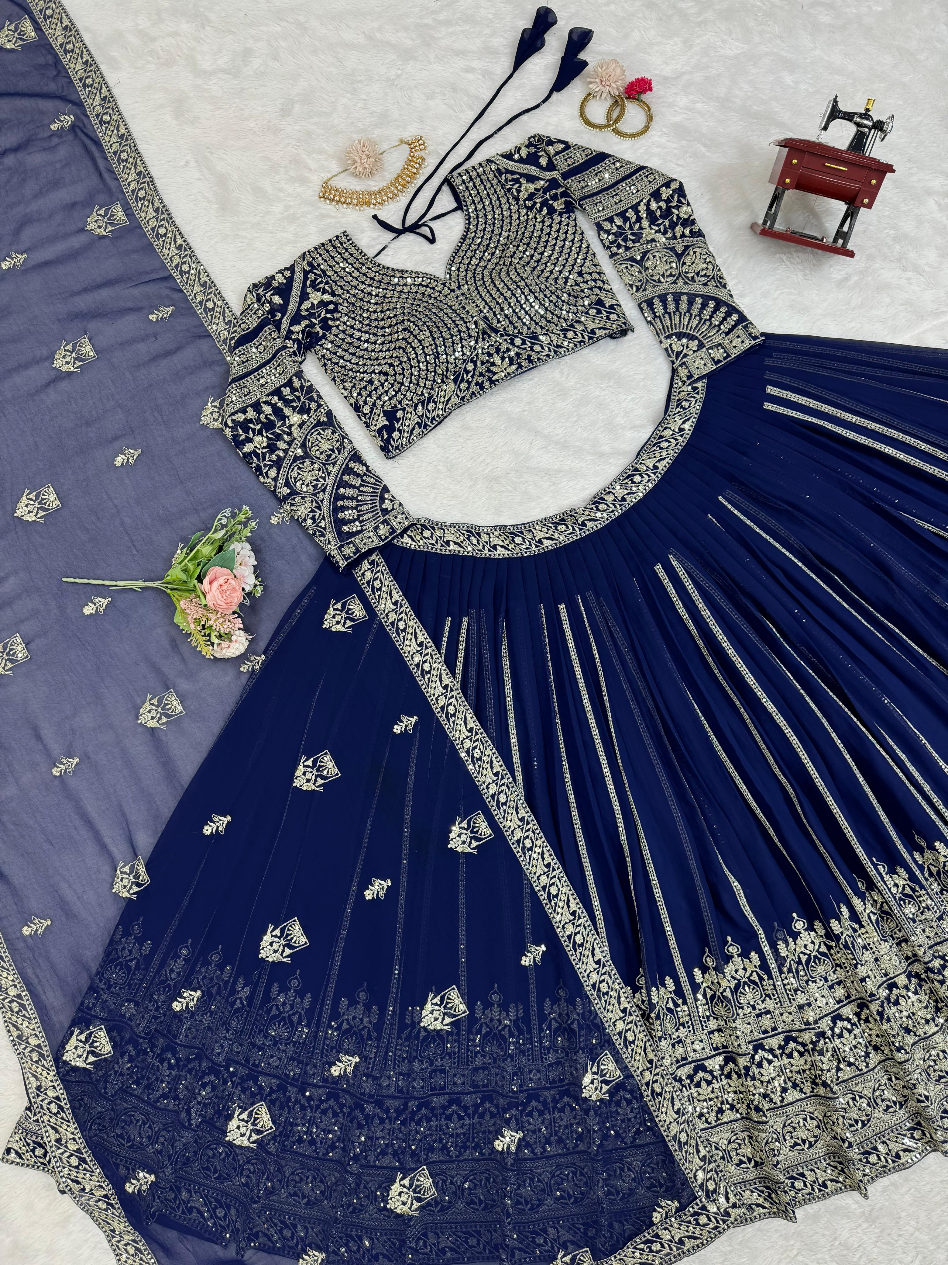 Partywear Stylish Blue Georgette Thread & Sequence Work Lehenga Choli