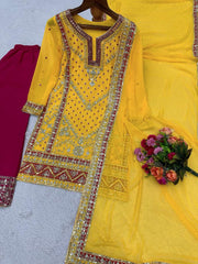 Shining Yellow Beautiful Designer Georgette Thread With Sequence Work Suit