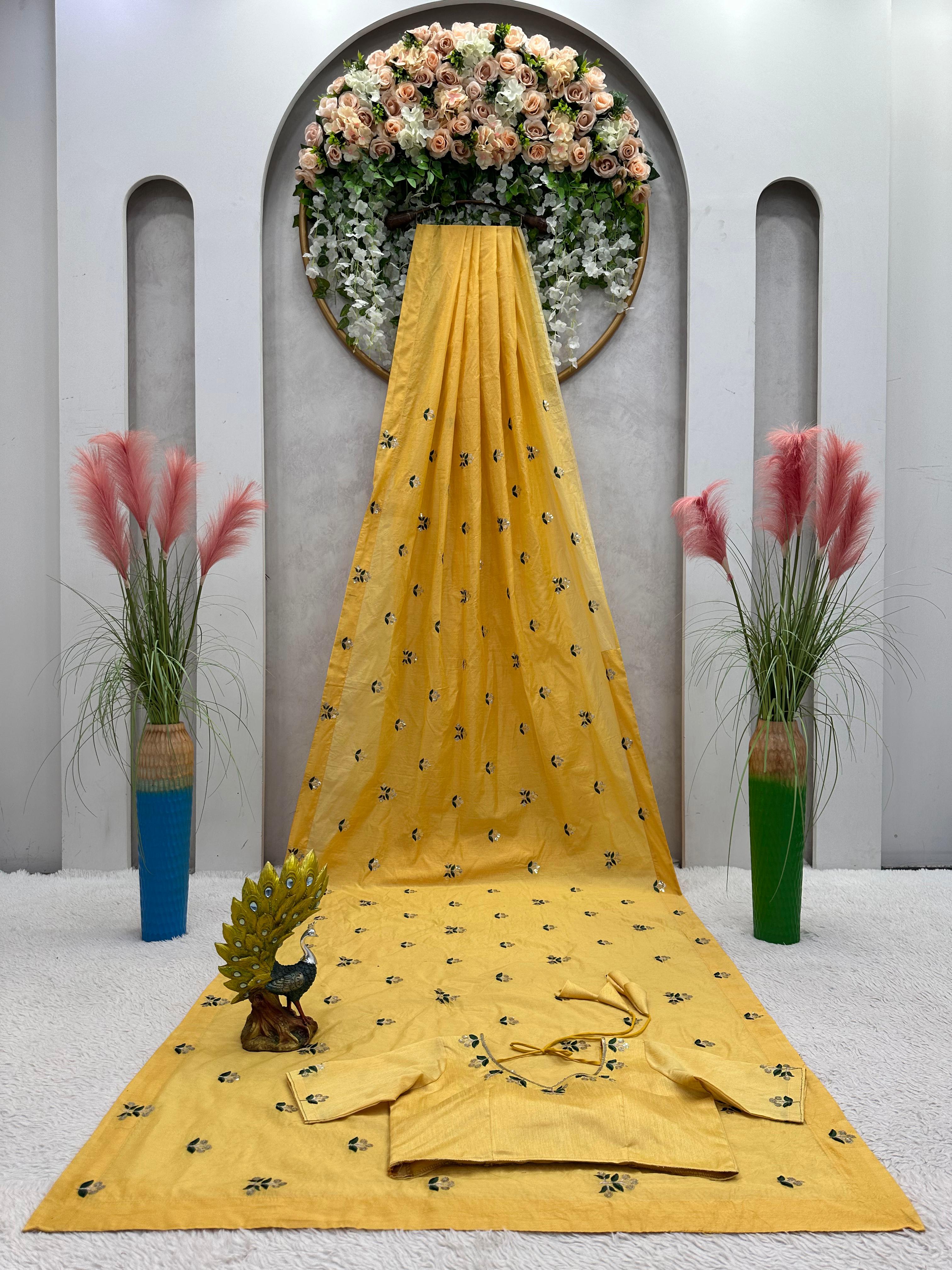 Outstanding Yellow Colour Beautiful Designer Heavy Chanderi Silk Saree