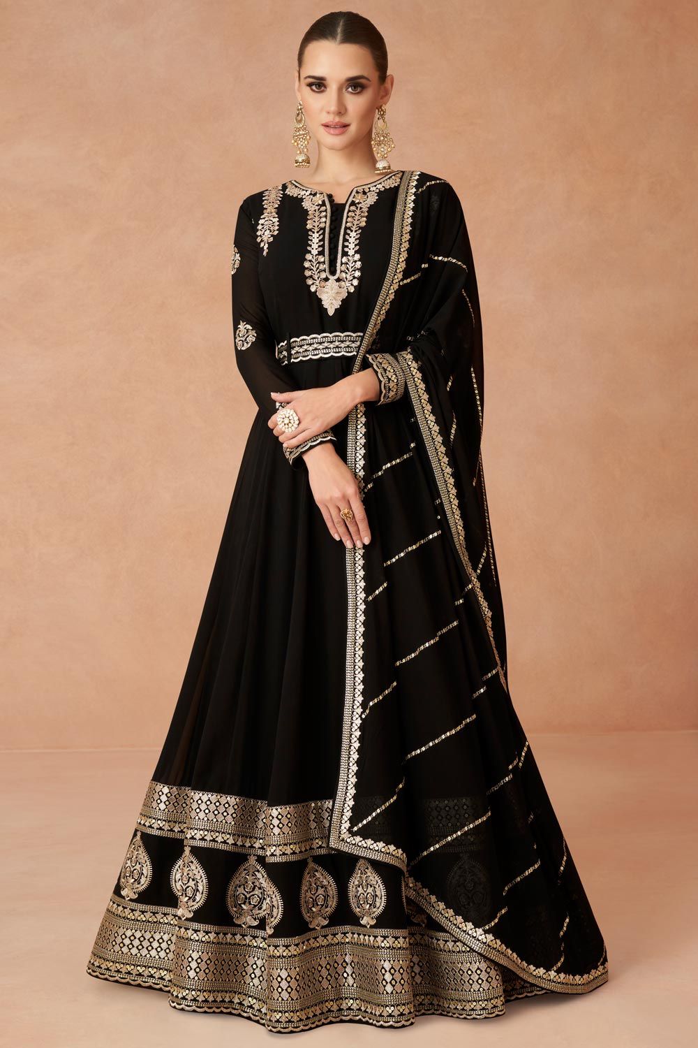 Black Anarkali Gown In Georgette With Embroidery Work