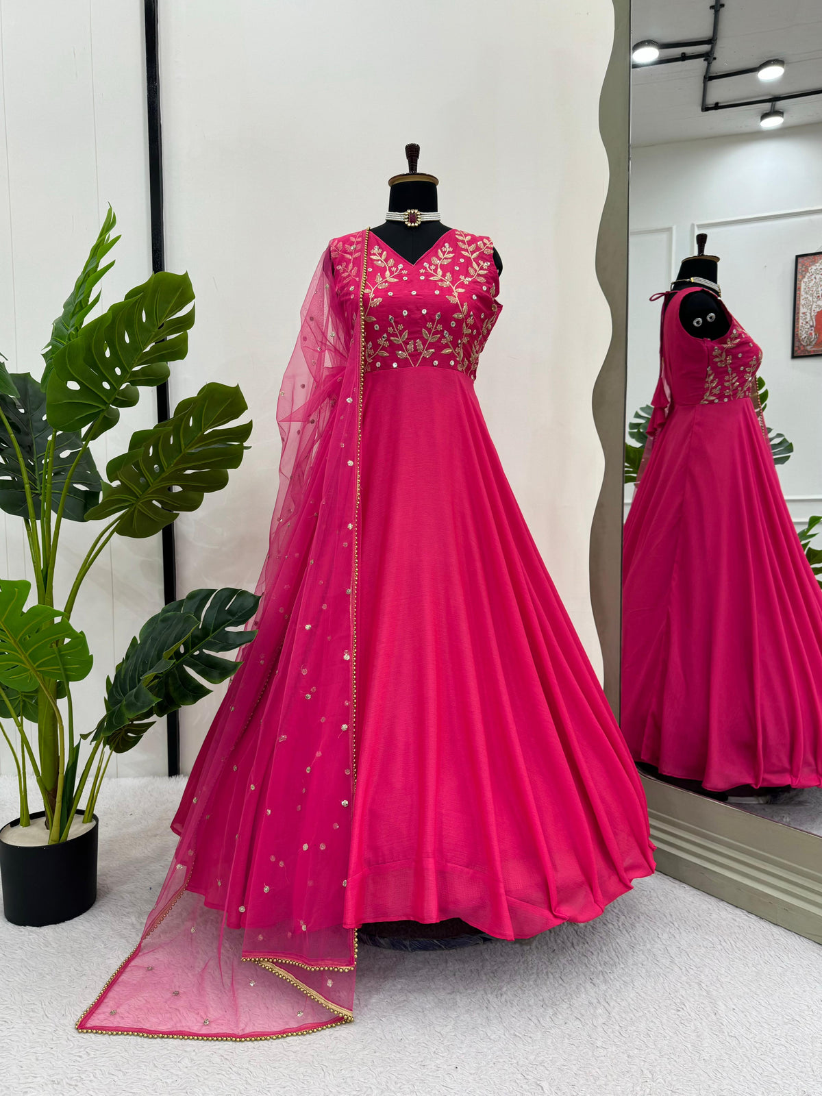 Pretty Pink Chinon Silk Party-wear Gown