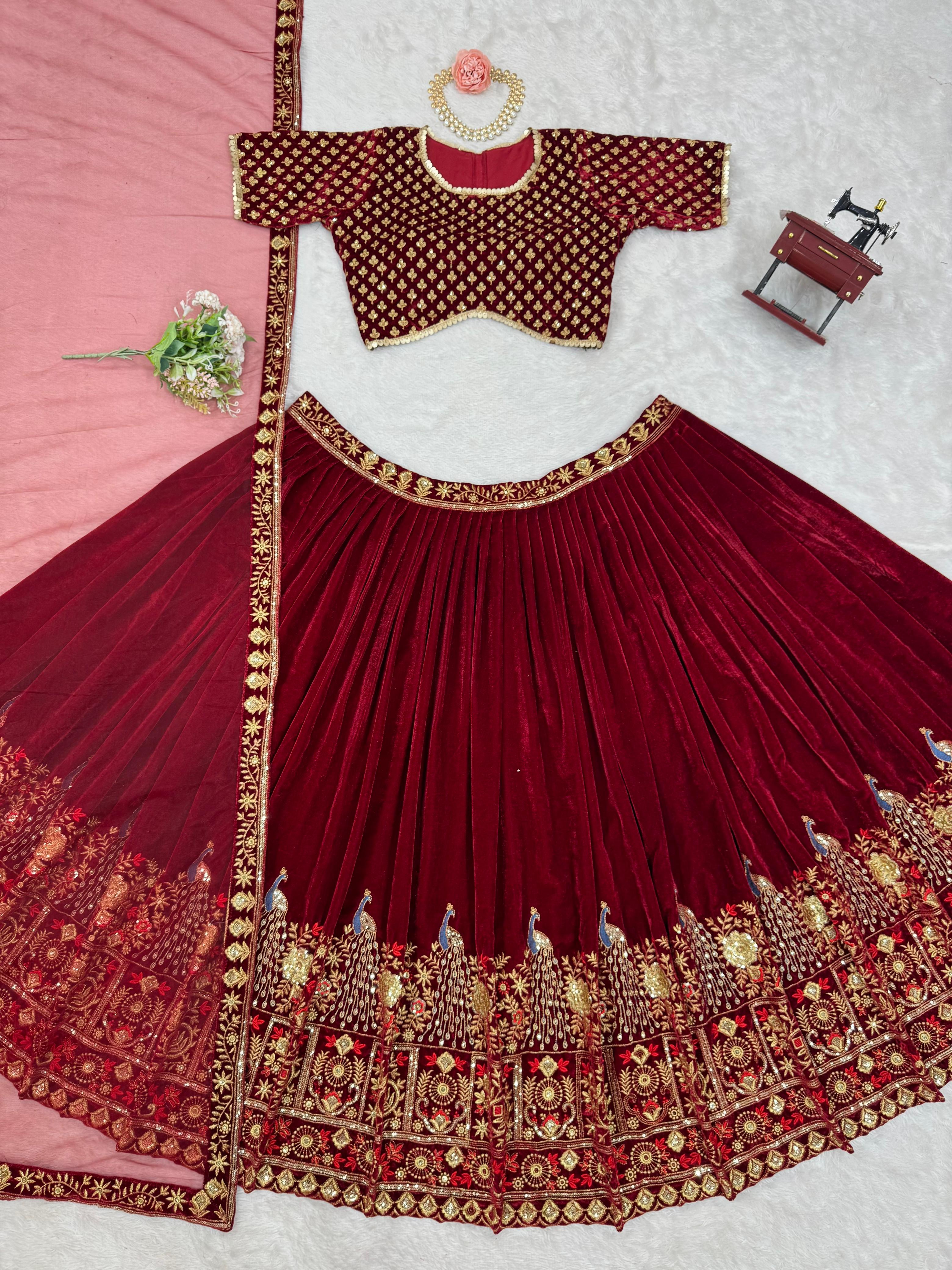 Brides Special Viscose Velvet Thread With Sequence Work Lehenga Choli