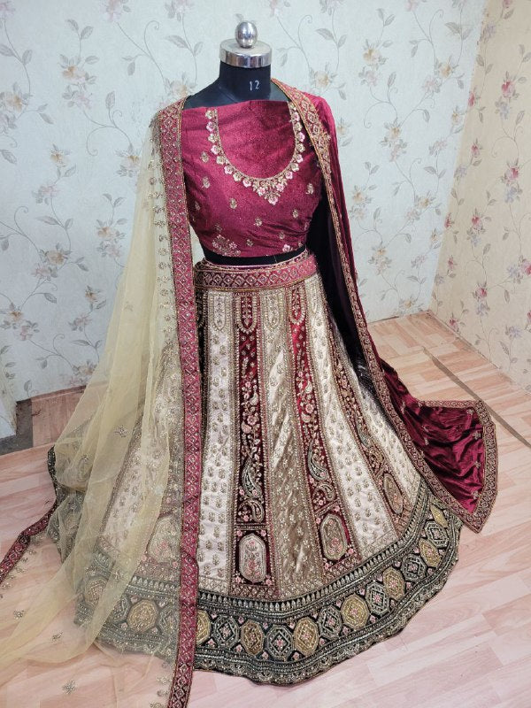 Heavy Pure Lycra Velvet Zarkan Work Multi Colour Double Dupatta & Double Cancan Rajwadi Bridal Lehenga Choli