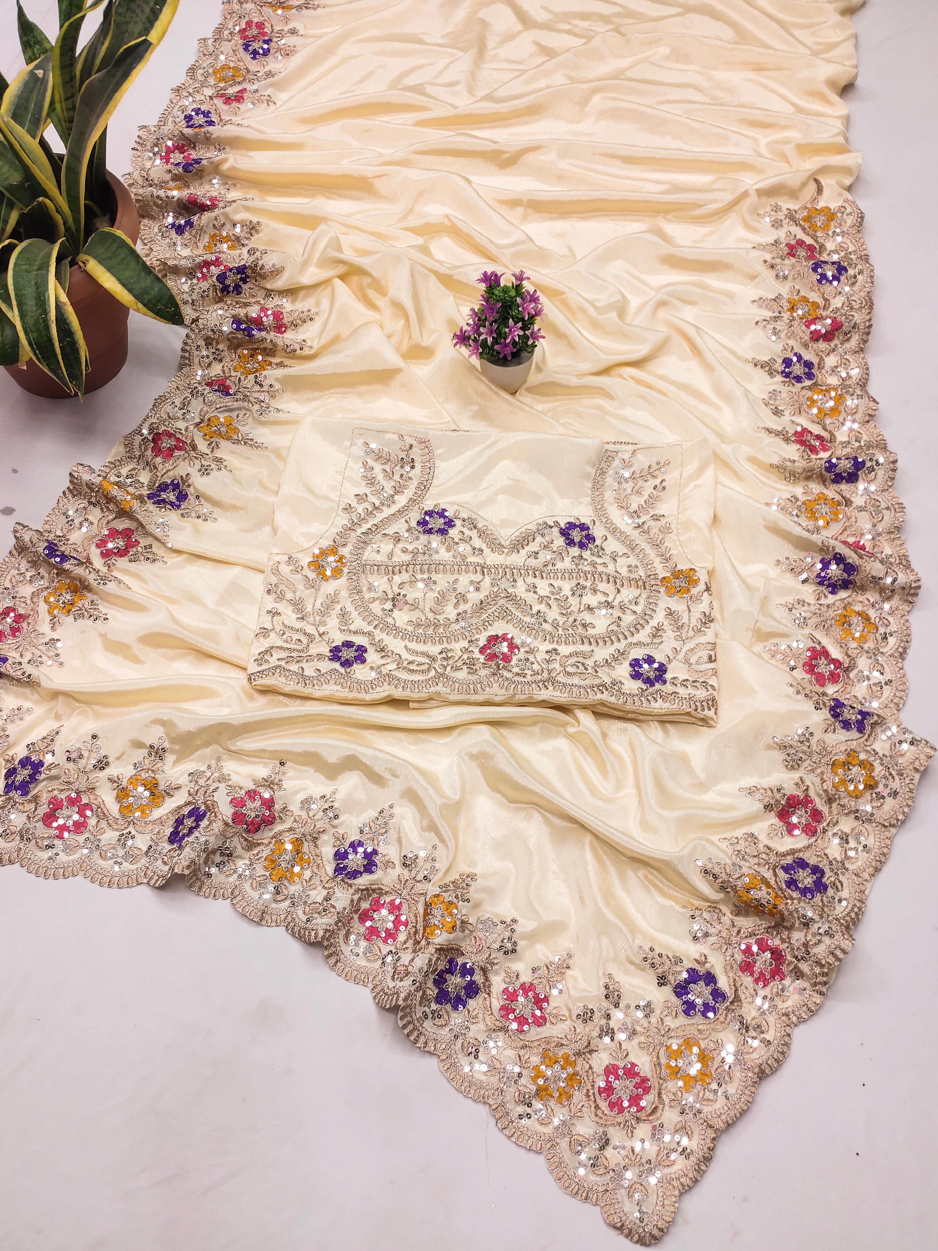 Diamond Chinon Embroidery Silk Saree