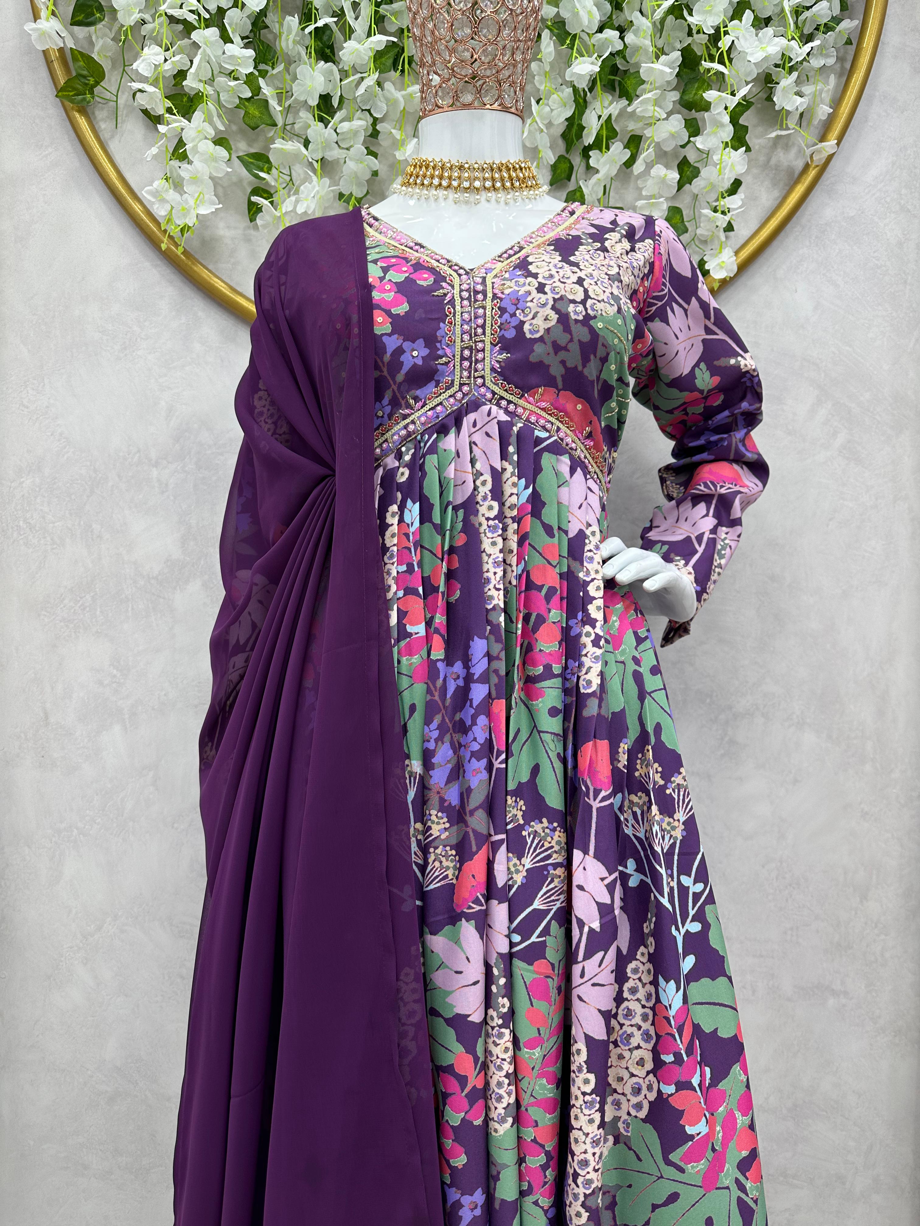 Stylish Purple Maslin Hand Work Gown