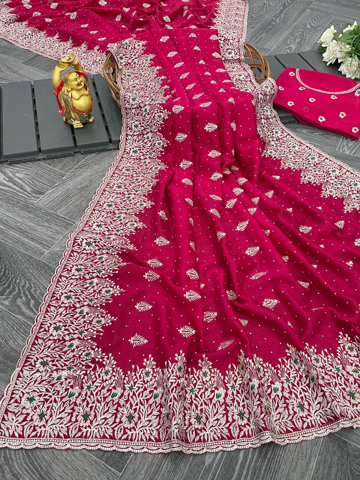 Most Beautiful Zari Work & Stone Work Blooming Vichitra Silk Saree