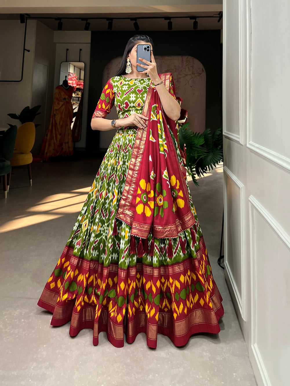 Beautiful Tussar Silk Patola Print With Foil Work Lehenga Choli