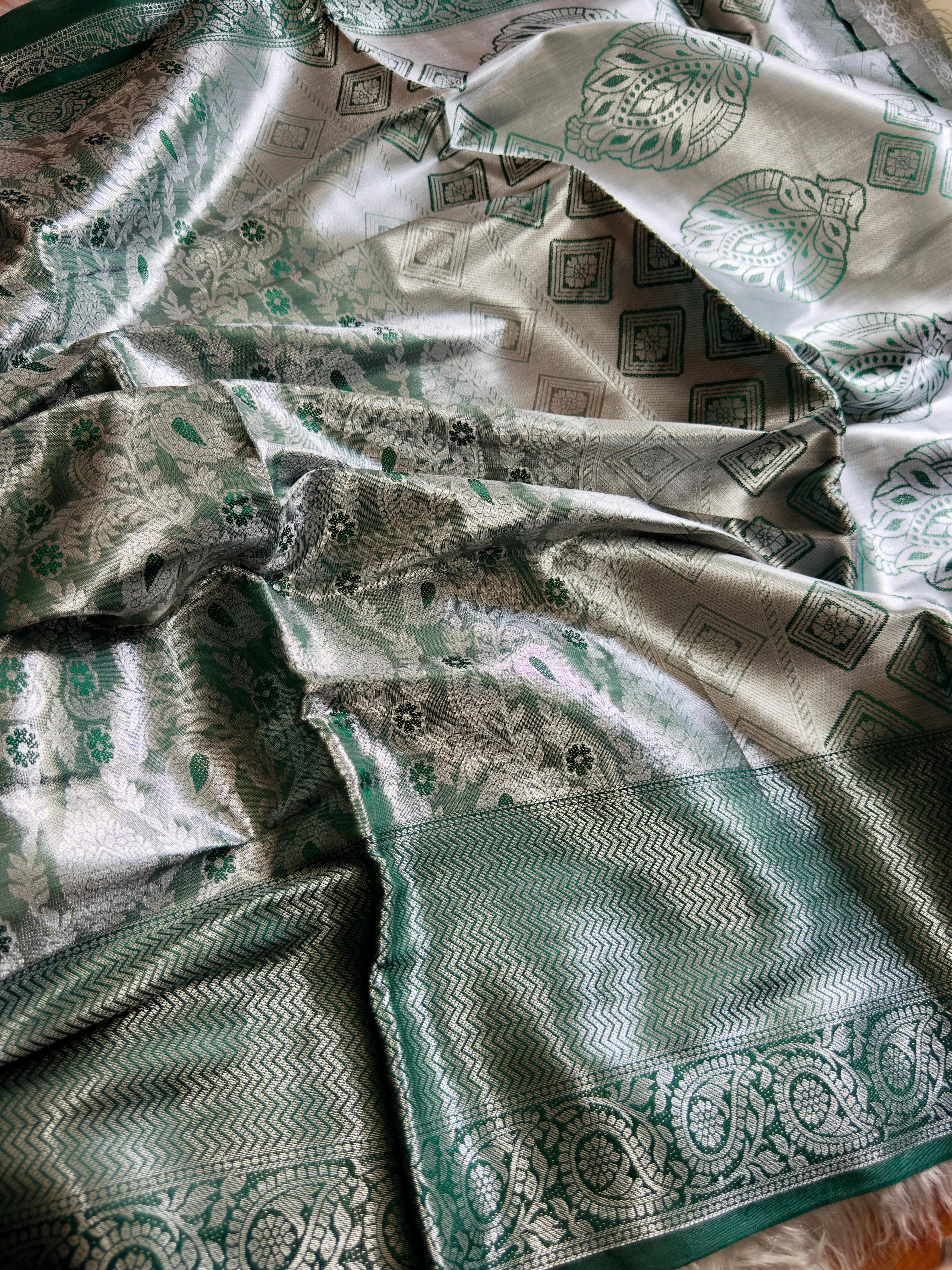 Beautiful Banarsi Hand-loom Silver Tissue Zari Silk Saree