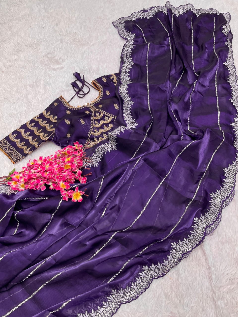 Pure Zimmy Choo Satin Beautiful Partywear Purple Colour Saree