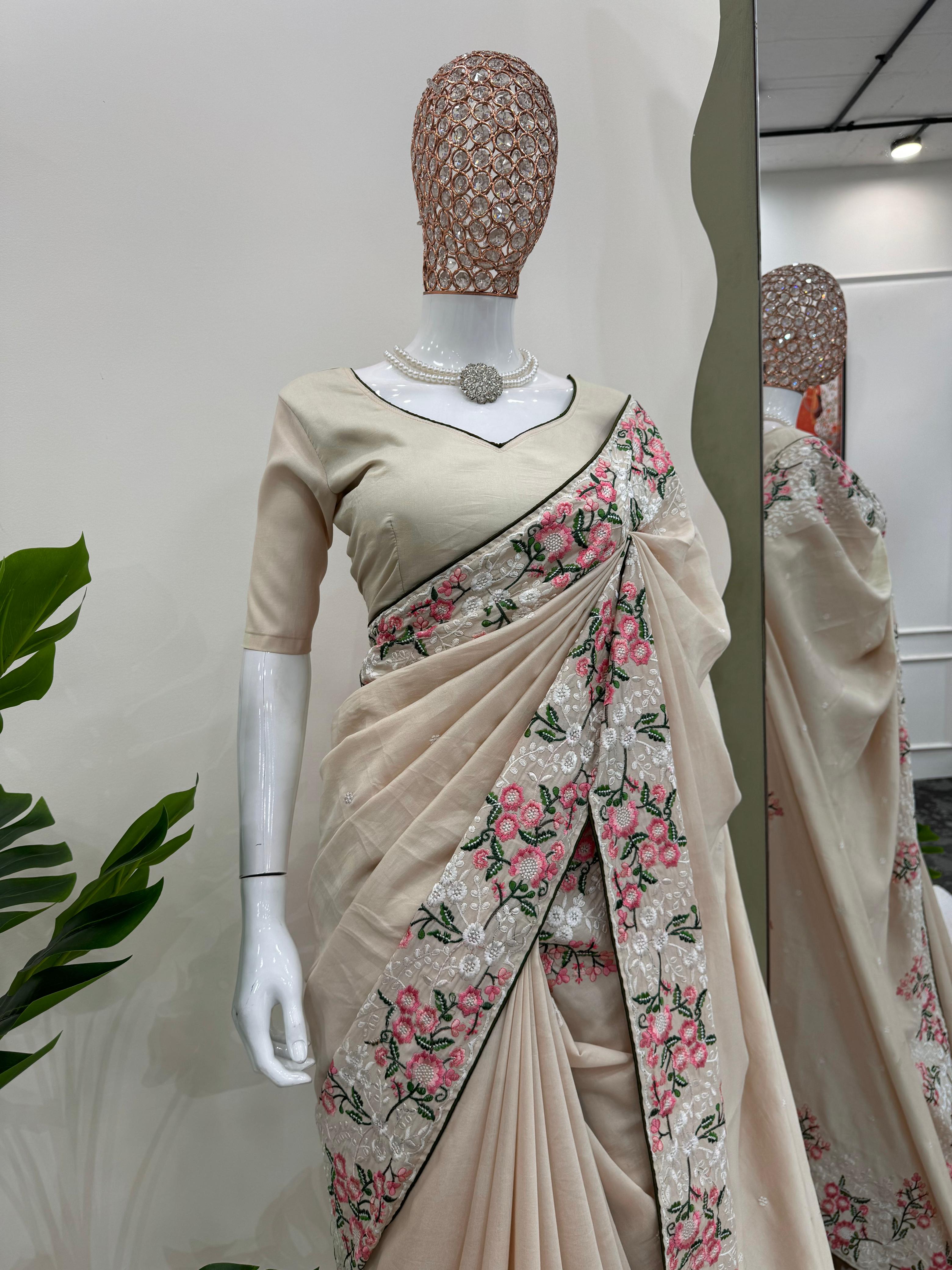 Beautiful Designer Roman Silk Thread Work With Peiping Saree