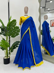 Beautiful Blue Mul Cotton Designer Saree