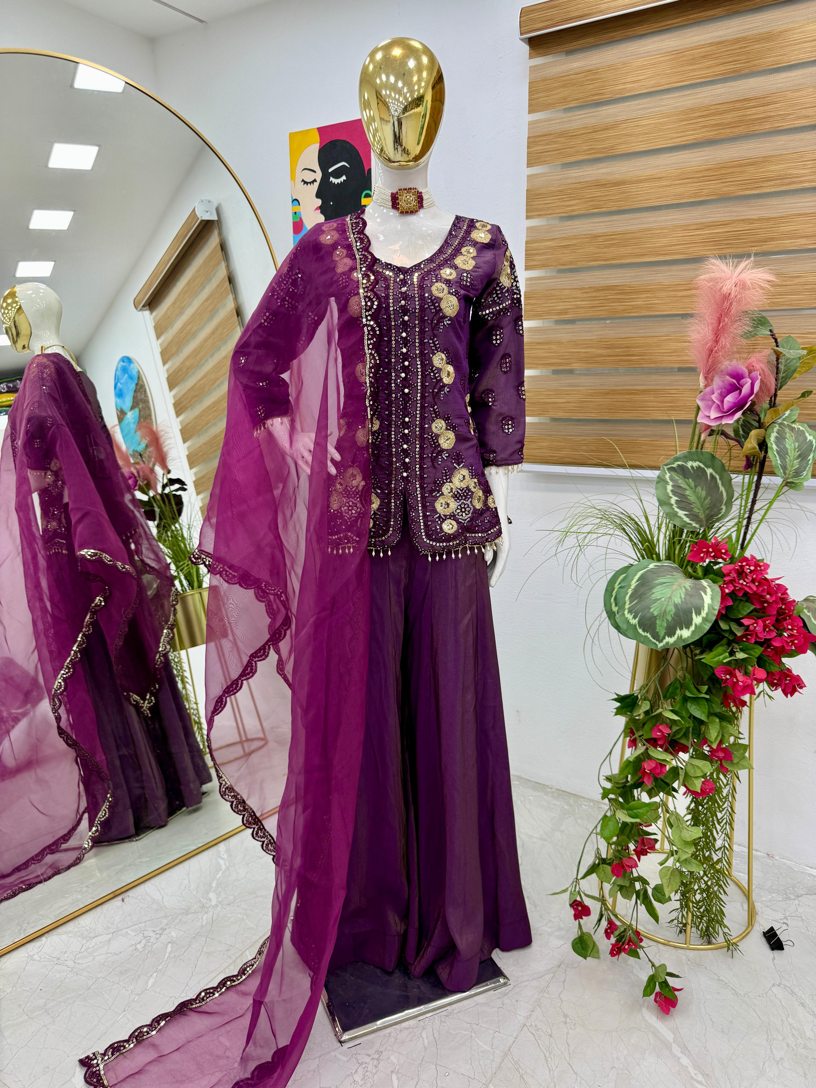 Beautiful New Designer Party Top Plazo Dupatta Set