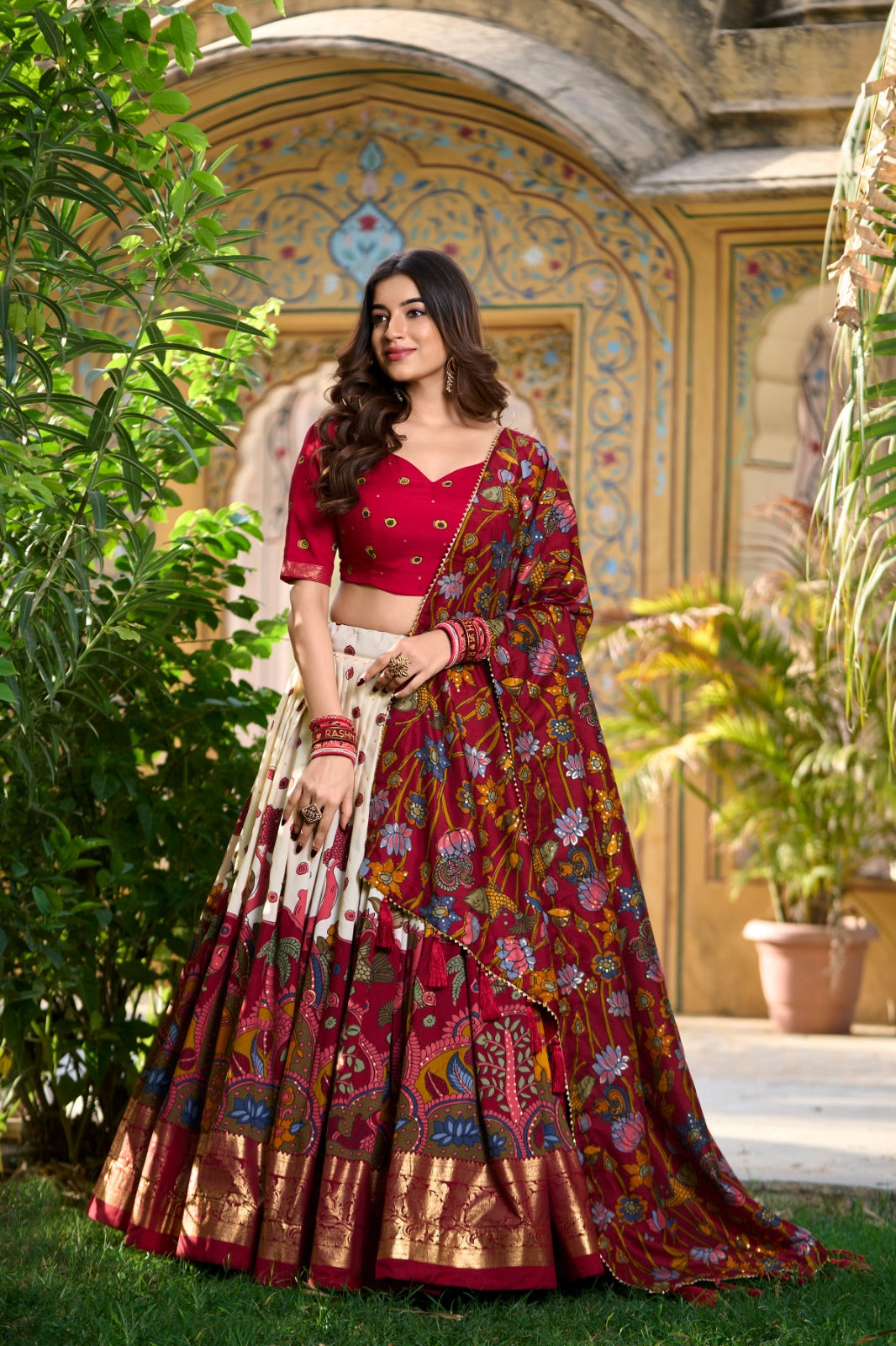 Beautiful Kalamkari Printed With Foil Work Border Lehenga Choli