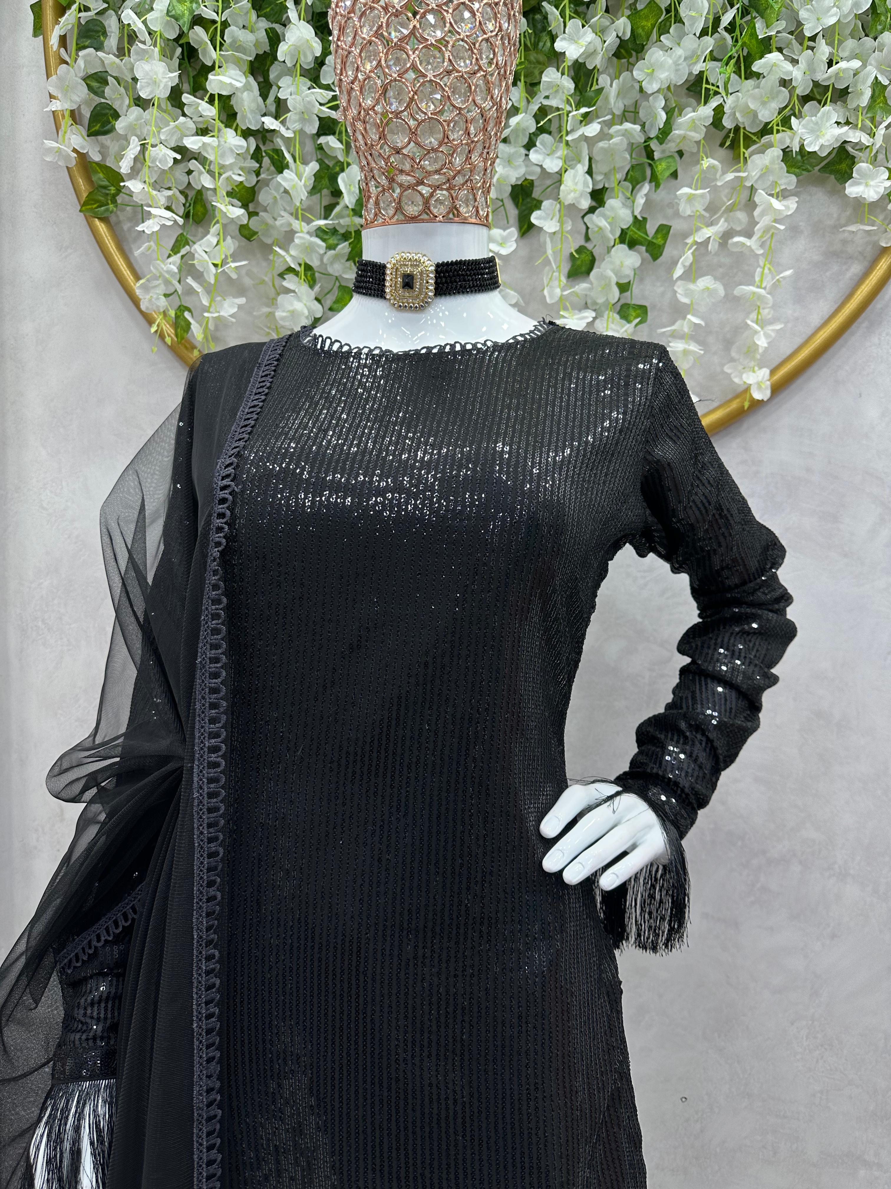 Party-wear Georgette Black Sequence Work Designer Suit