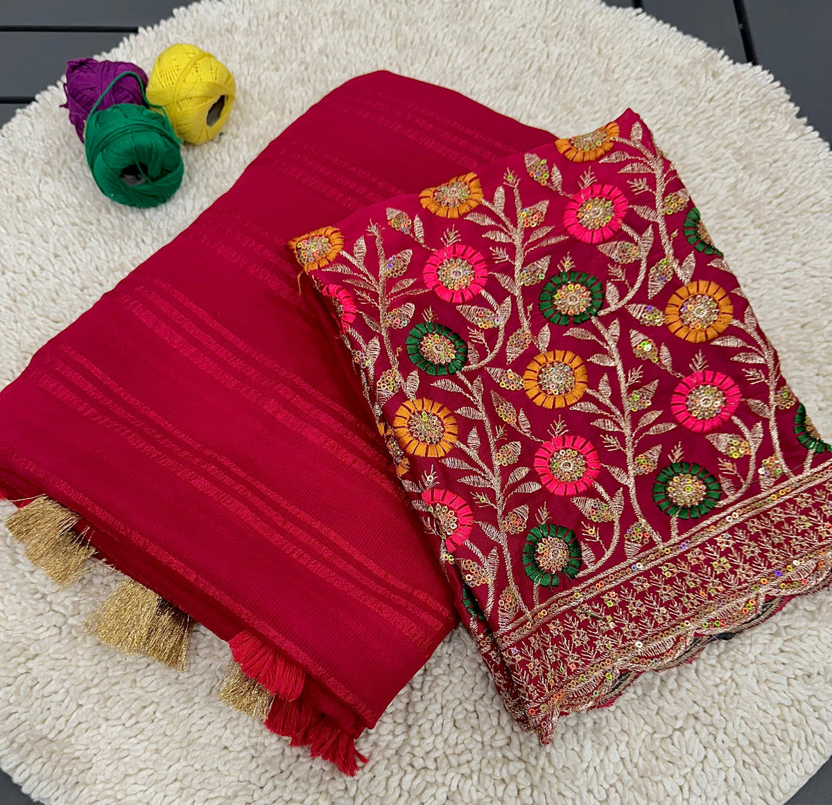 Trending Berry Chiffon Pattern With Beautiful Tussles Saree