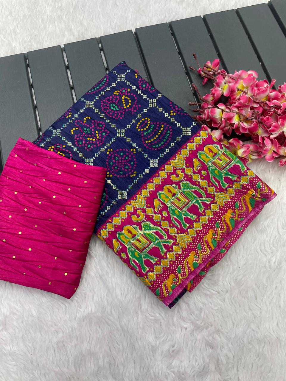 Pure Soft Crush Dola Pochampally Design With Foil Print Border Saree