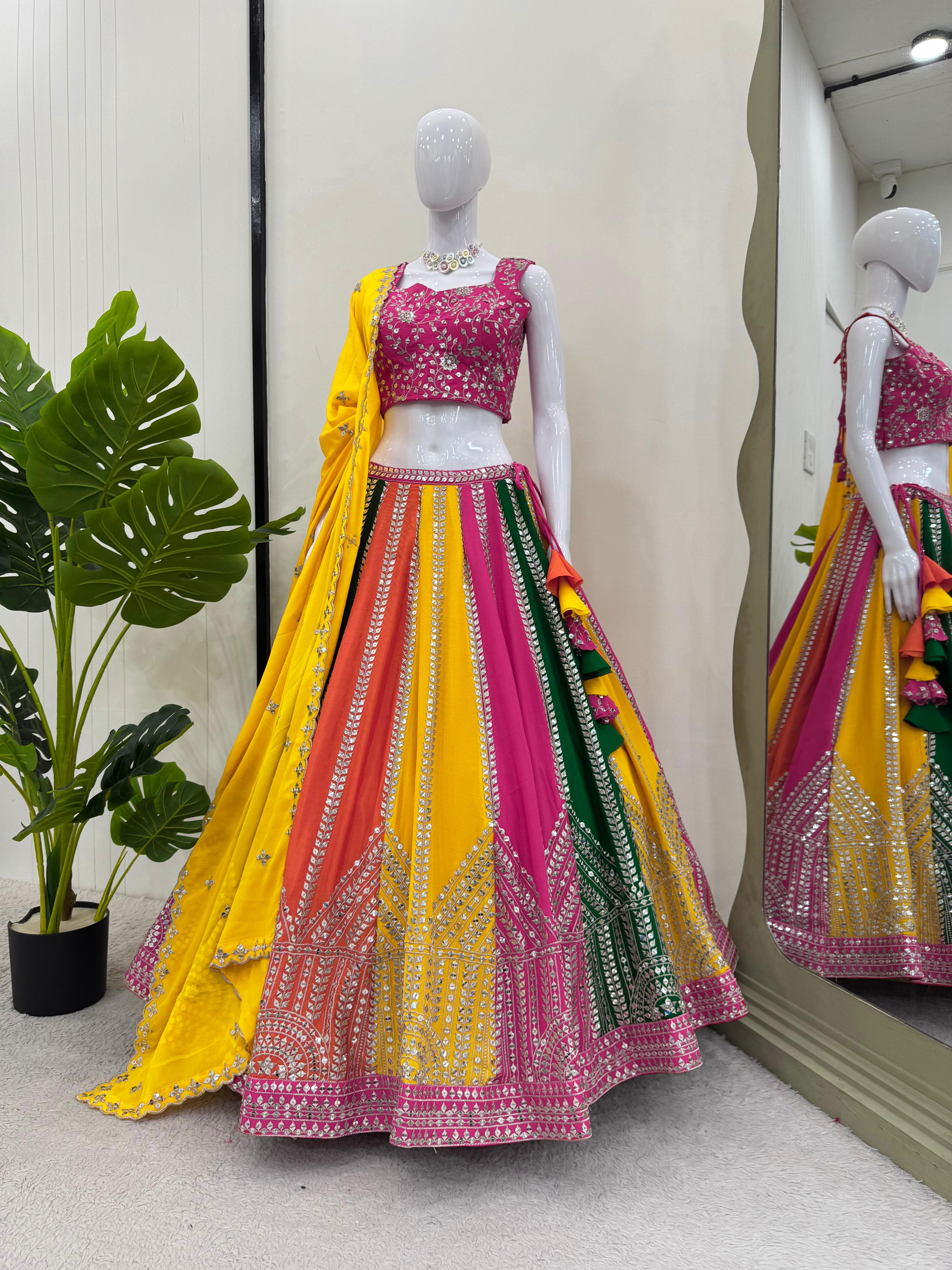 Trending Multi Colored Chinon Silk Thread With Sequence Work Lehenga Choli