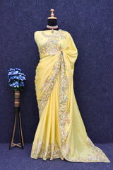 diamond chinon Silk Embroidery Work Saree