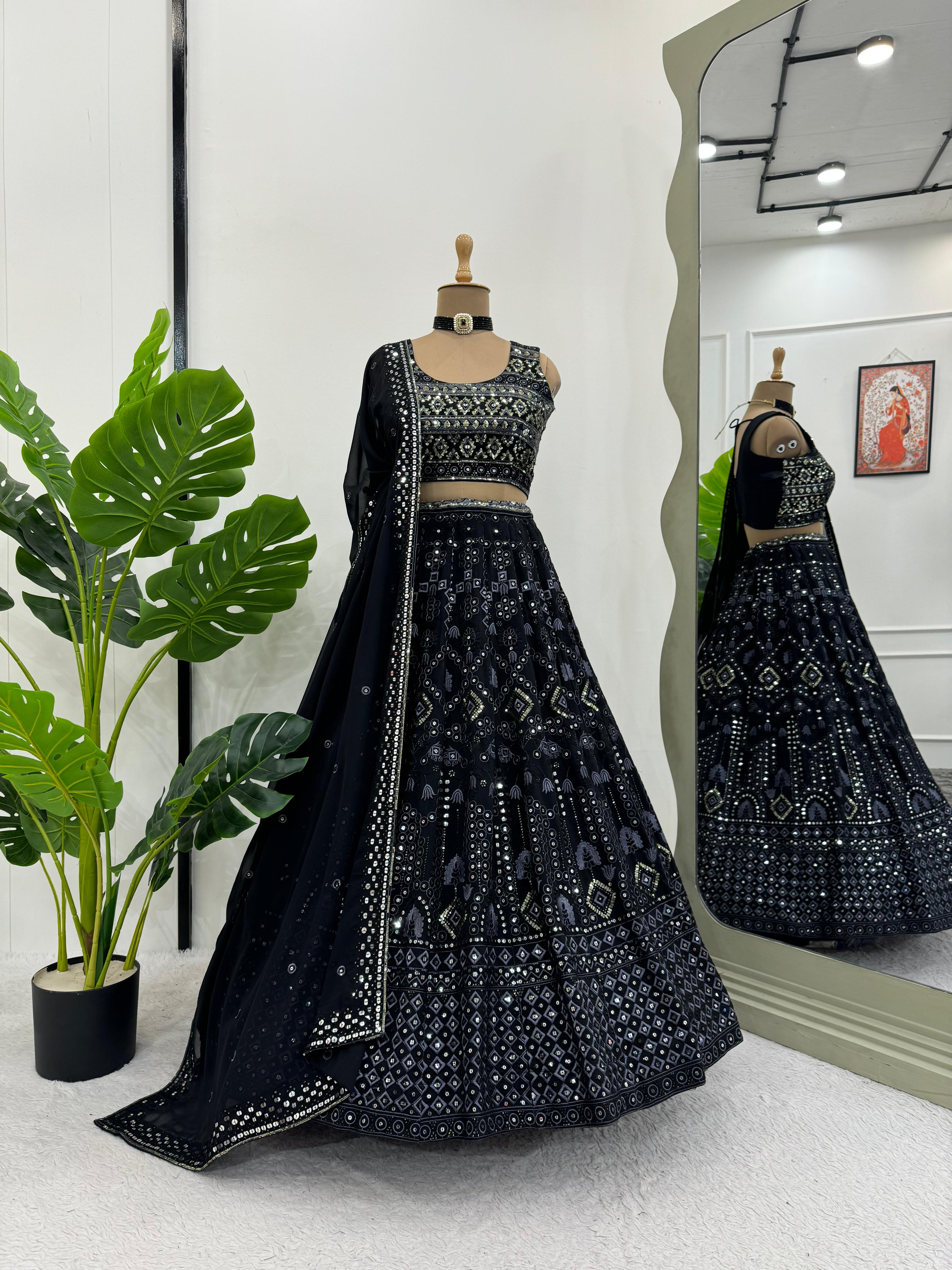 Adorable Black Georgette Sequence With Thread Work Designer Lehenga Choli