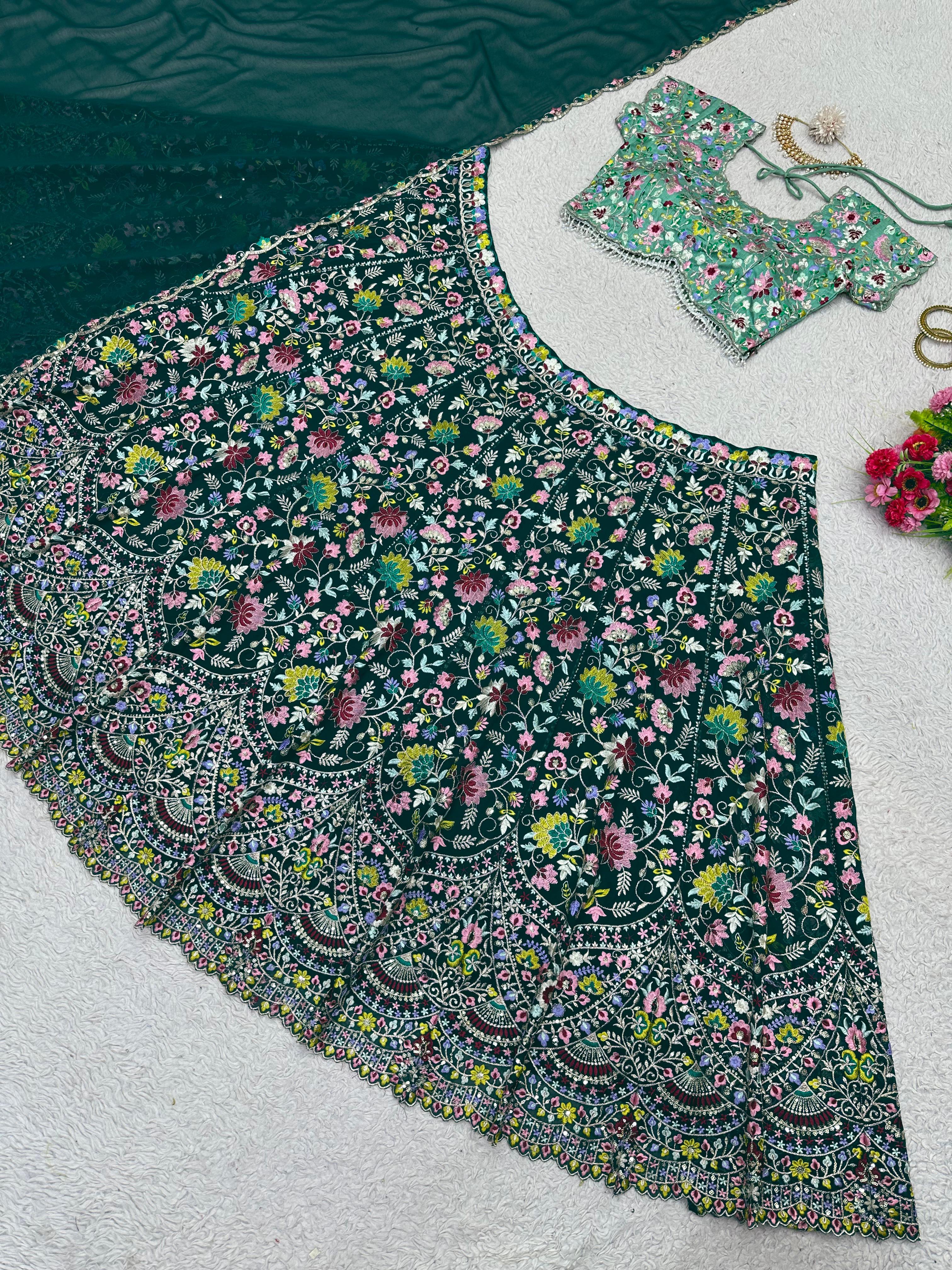 Green Beautiful Multi Colored Outstanding Georgette Thread & Sequence Work Lehenga Choli