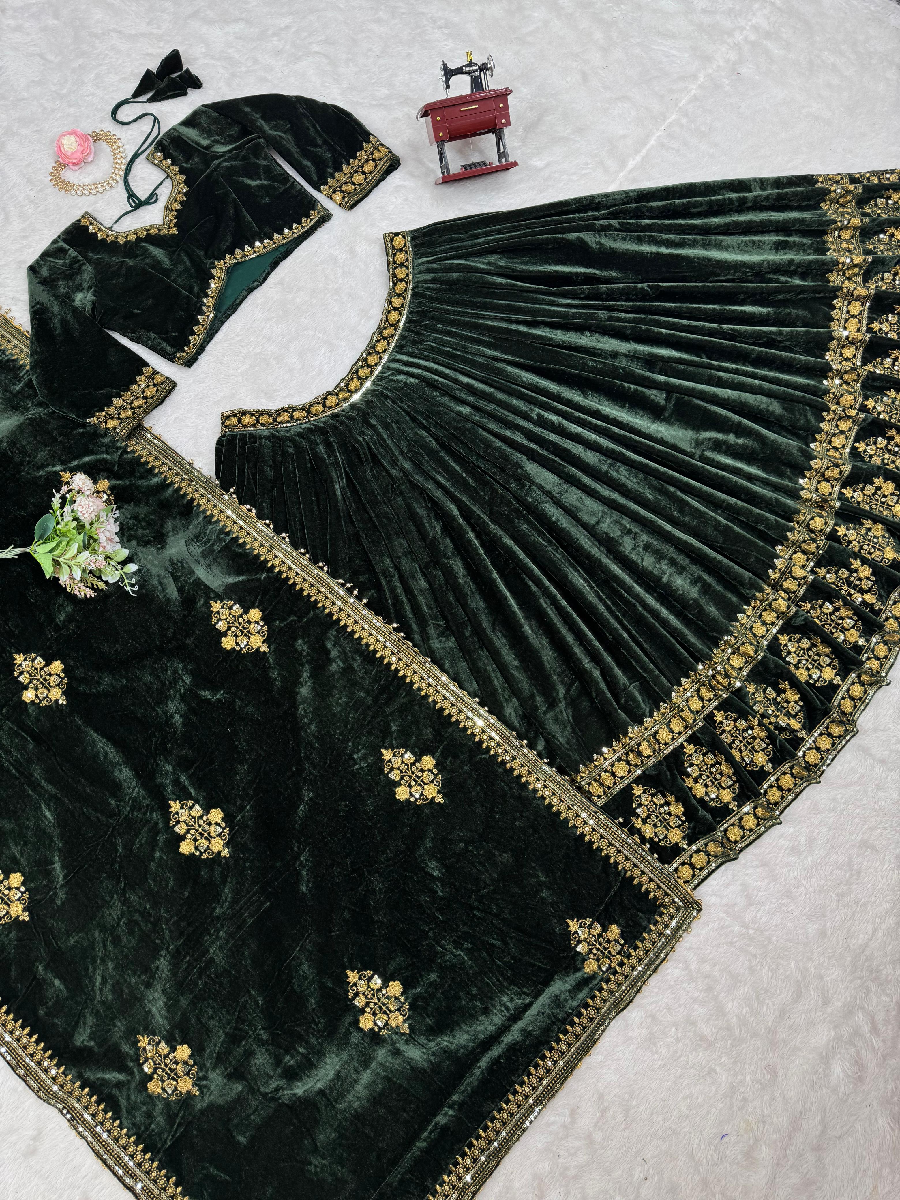 Beautiful Green Viscose Velvet Thread With Sequence Work Lehenga Choli