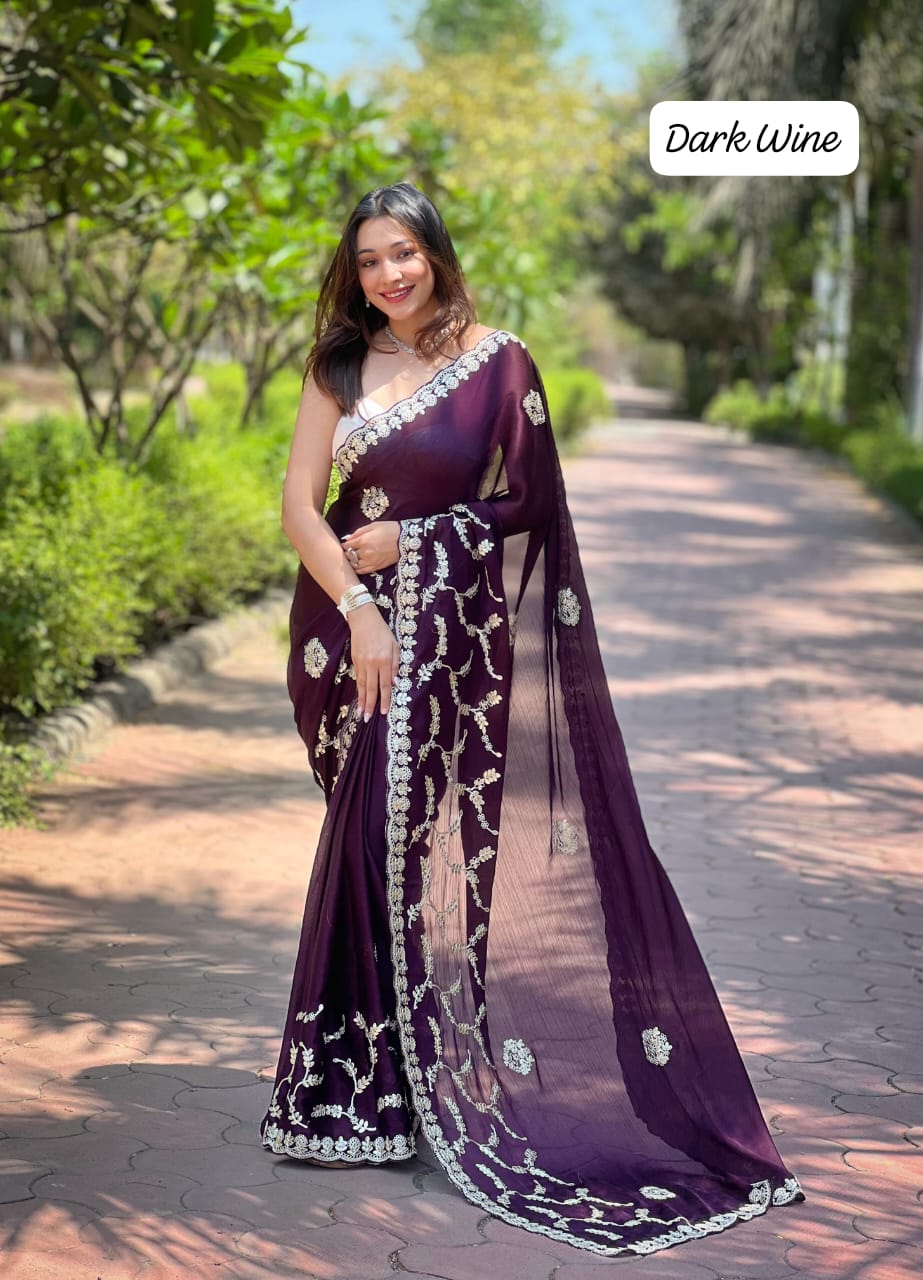 Beautiful Soft Satin Chiffon Blooming Coding Foil Thread Embroidery Work Saree