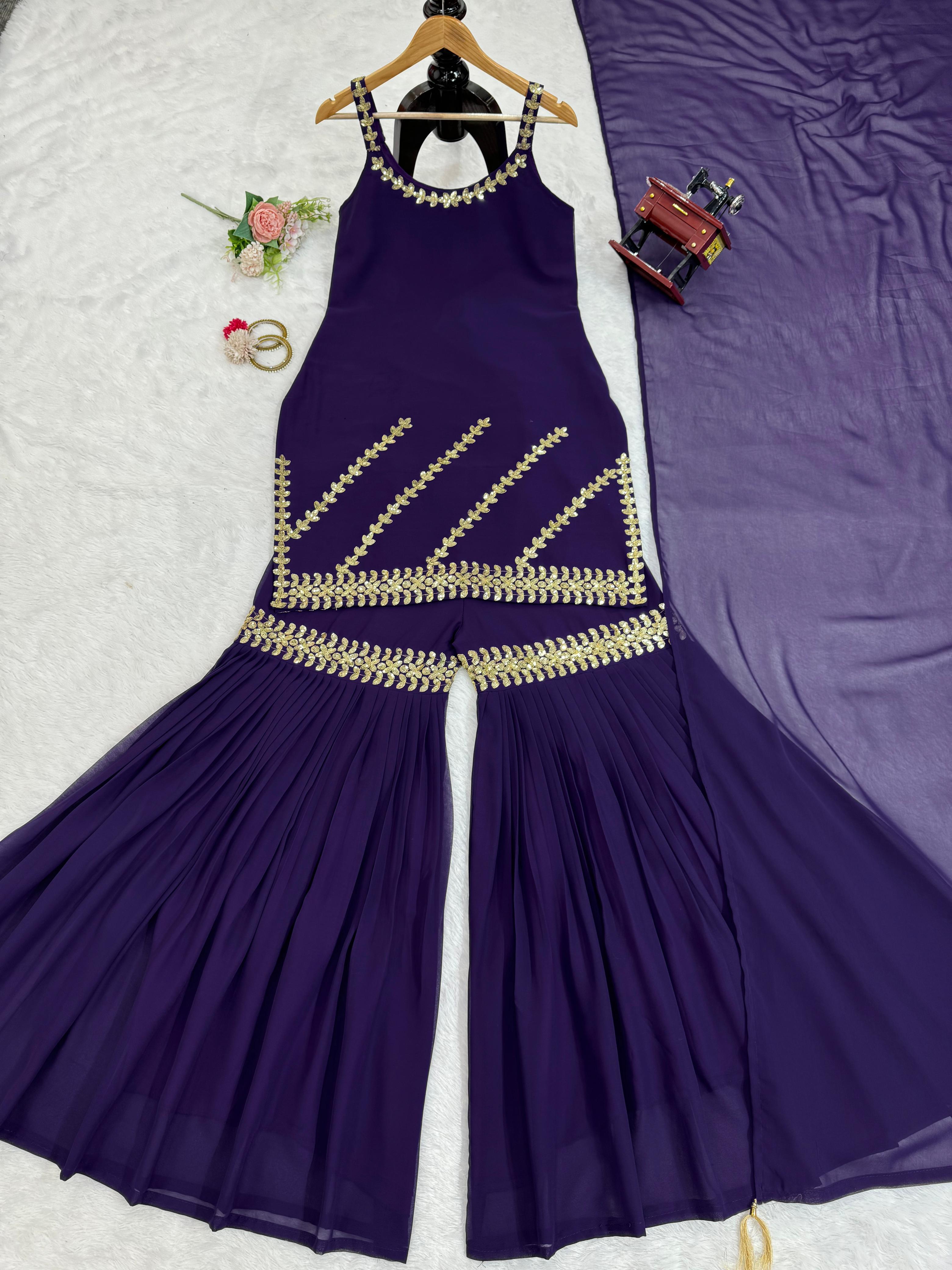 Festival Special Purple Georgette Thread & Sequence Work Sharara