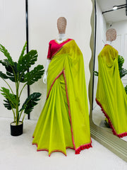 Beautiful Green Mul Cotton Designer Partywear Saree