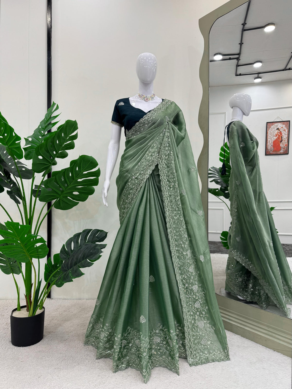 Beautiful Designer Burberry Silk Thread With Sequence Work Saree