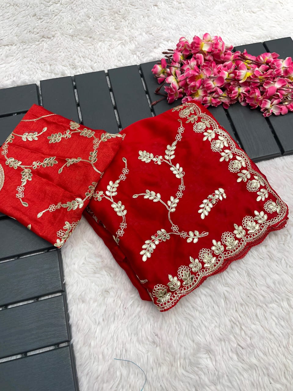 Beautiful Soft Satin Chiffon Blooming Coding Foil Thread Embroidery Work Saree