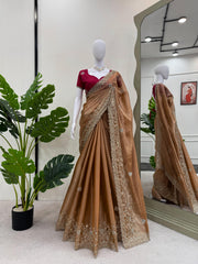 Beautiful Designer Burberry Silk Thread With Sequence Work Saree