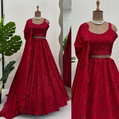 Red Sequence Work Chinon Silk Partywear Lahenga Choli