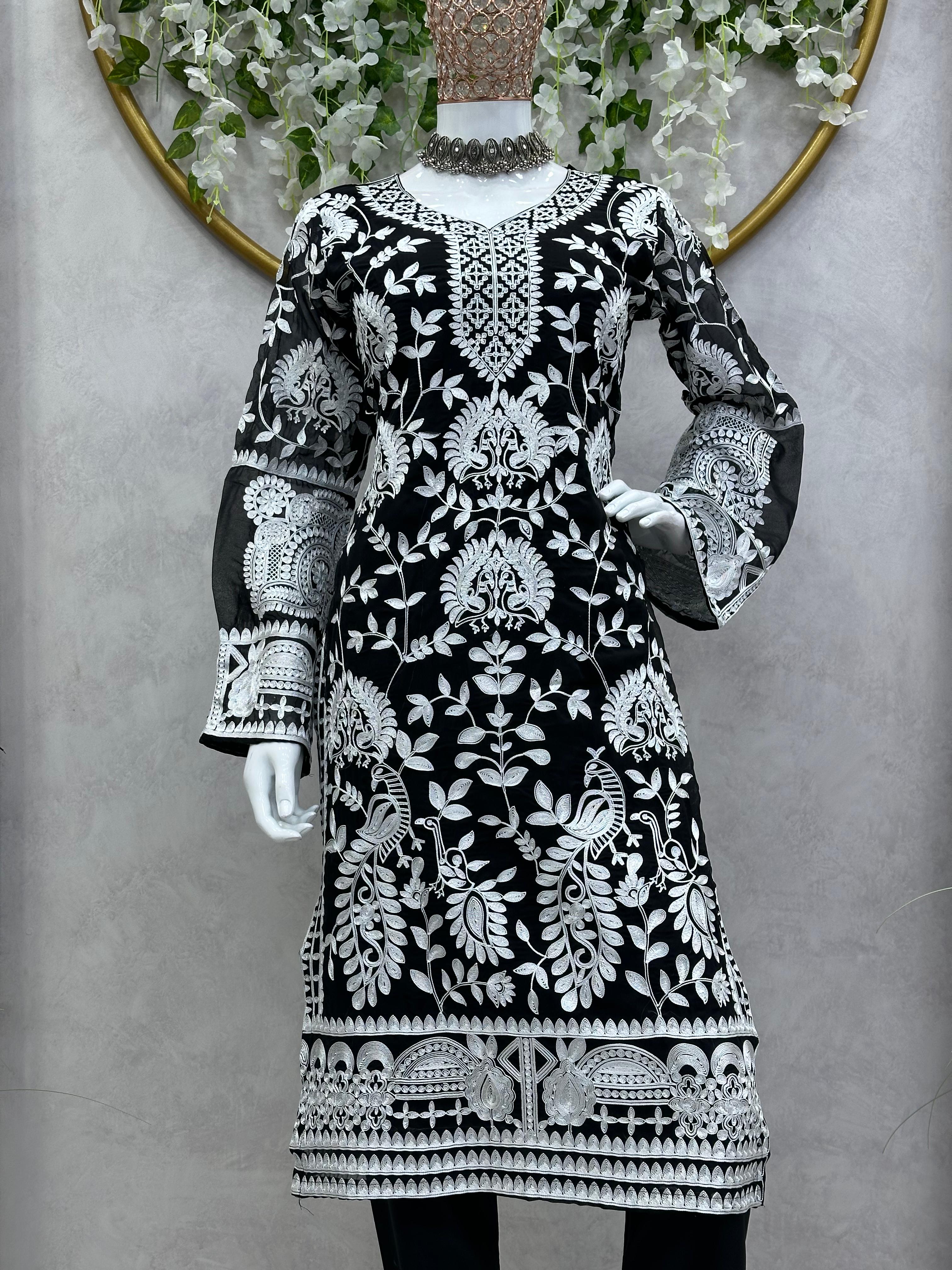 Beautiful Designer Black & White Chain-Stitch Work Suit