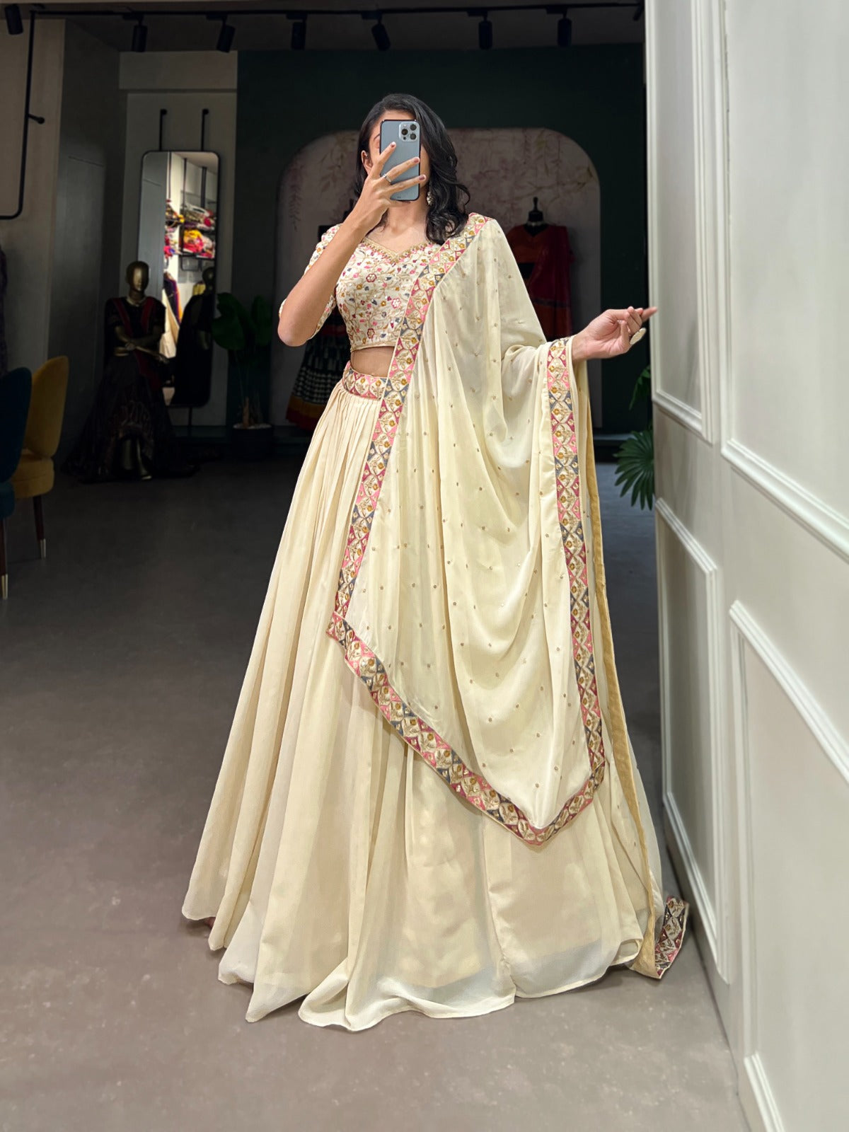 Shining Off-White Exquisitely Embroidered Lehenga Choli