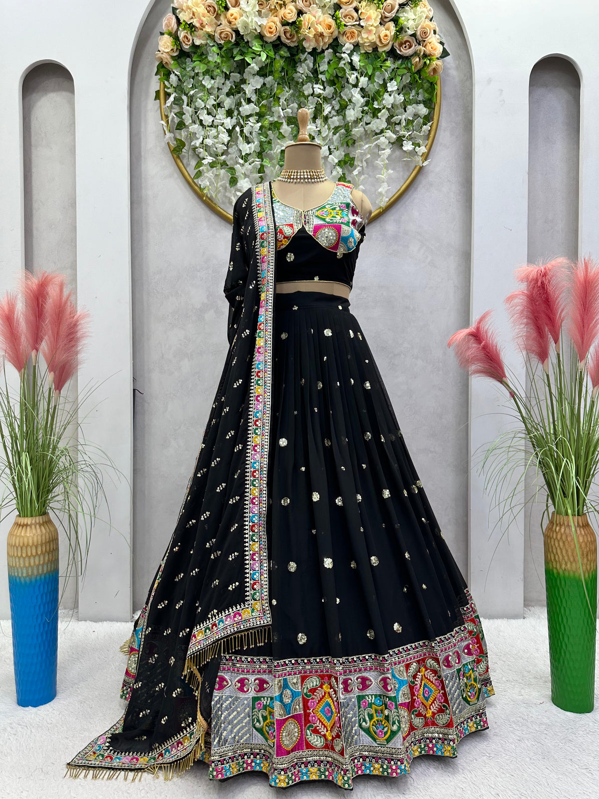 Gorgeous Black Color Thread With Sequence Work Lehenga In Georgette