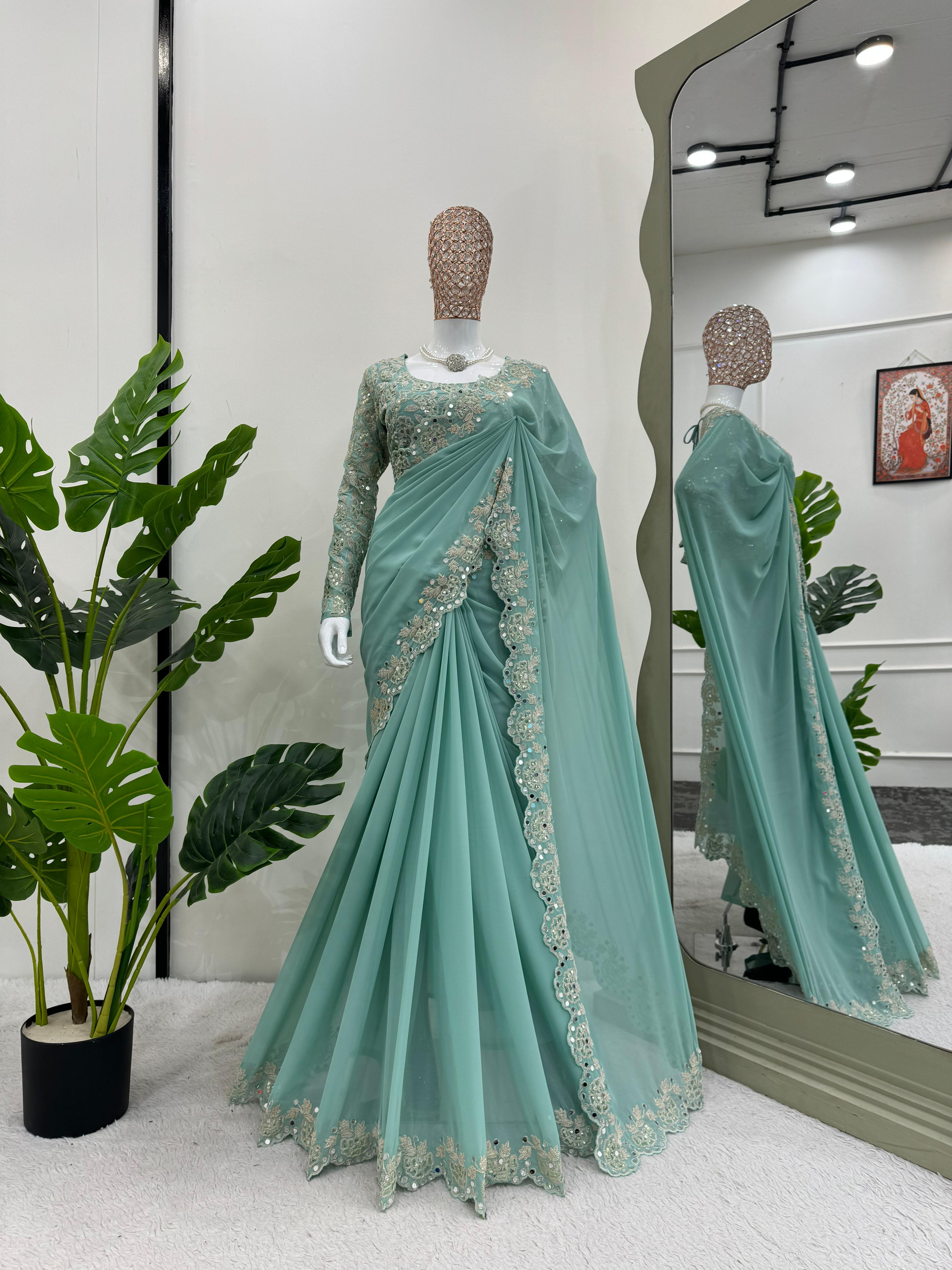 Partywear Georgette Beautiful Designer Sequence With Real Mirror Work Saree