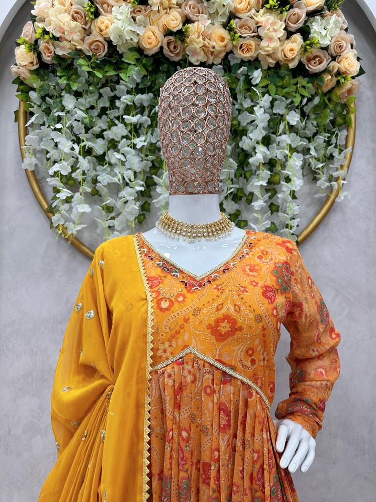 Beautiful Yellow Georgette Printed Work Gown