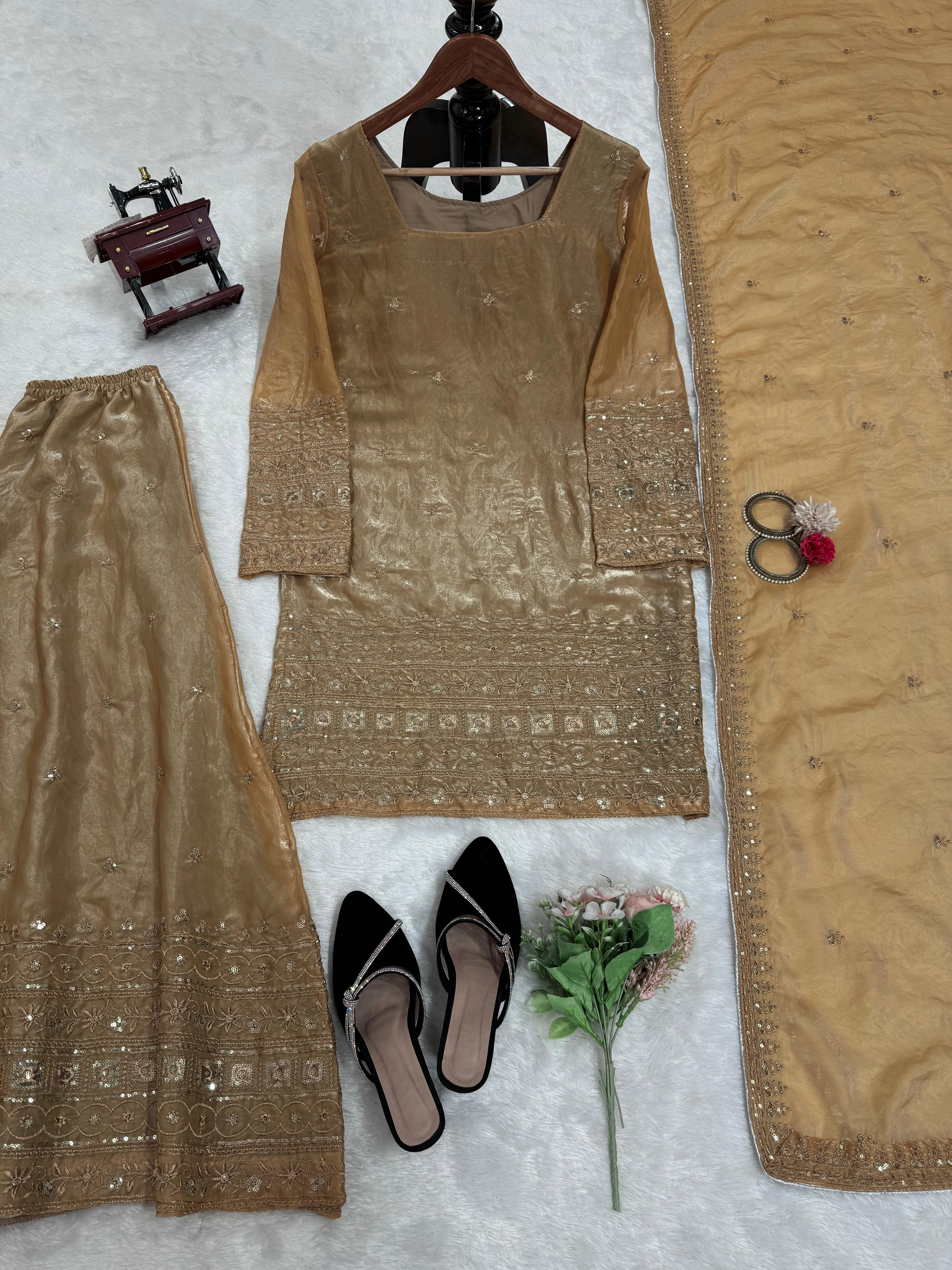 Glamorous Golden Beautiful Fandy Satin Thread & Sequence Work Salwar Suit