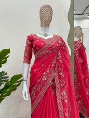 Pretty Pink Beautiful Designer Thread & Sequence Tibby Silk Saree