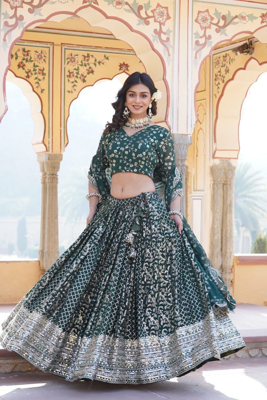 Designer Pure Viscose Jacquard Fabric With Embroidered Sequence Work Lehenga Choli