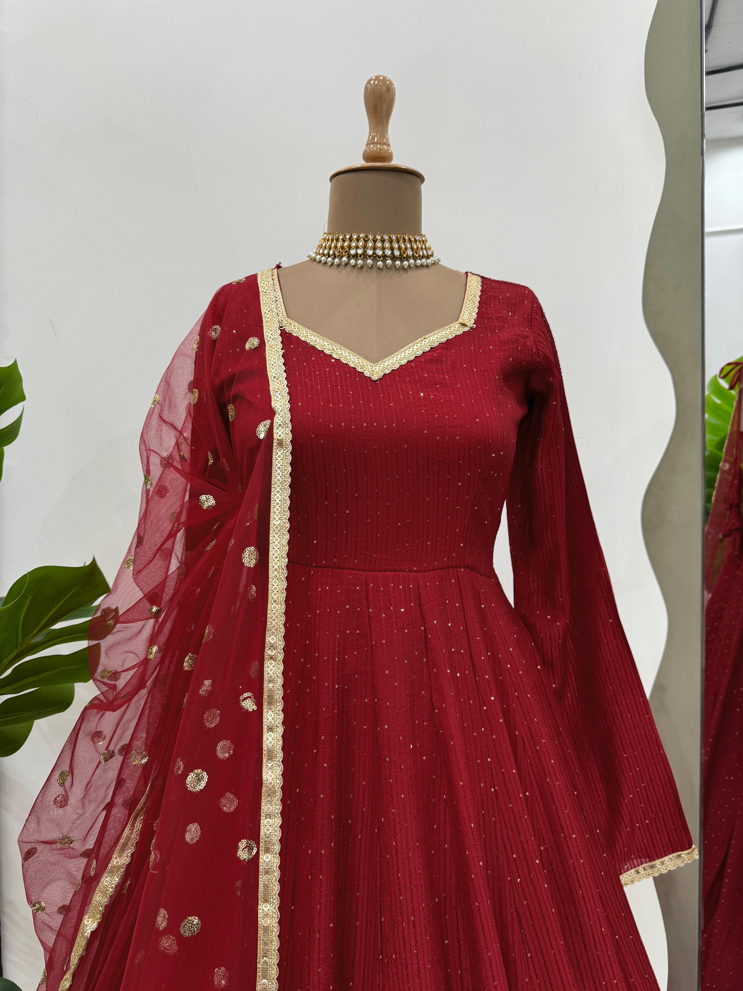 Partywear Beautiful Maroon Dola silk Gown