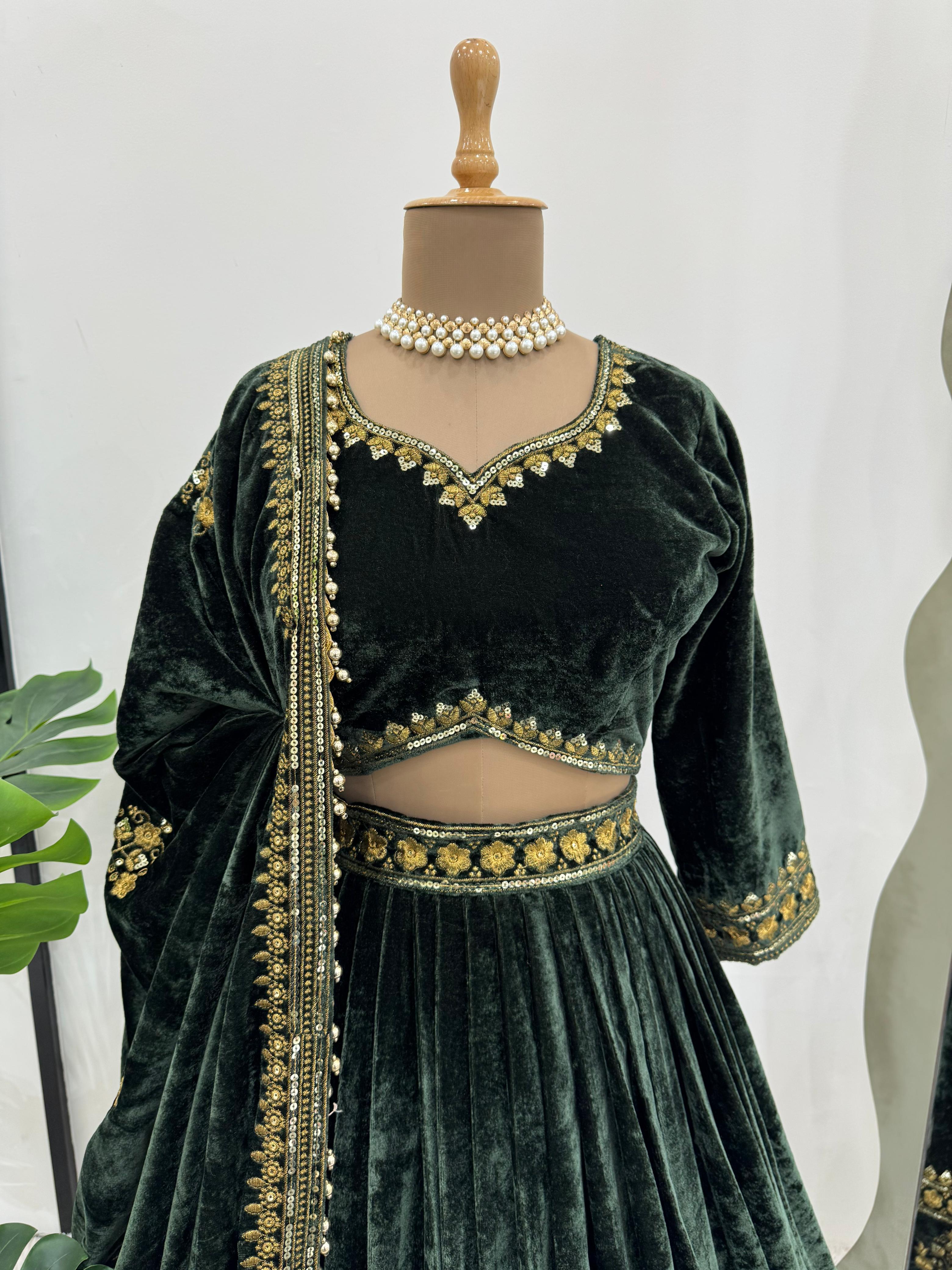 Beautiful Green Viscose Velvet Thread With Sequence Work Lehenga Choli