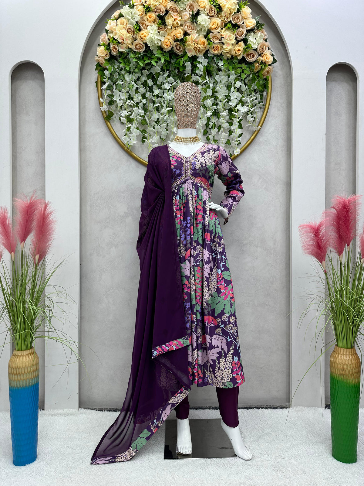 Stylish Purple Maslin Hand Work Gown