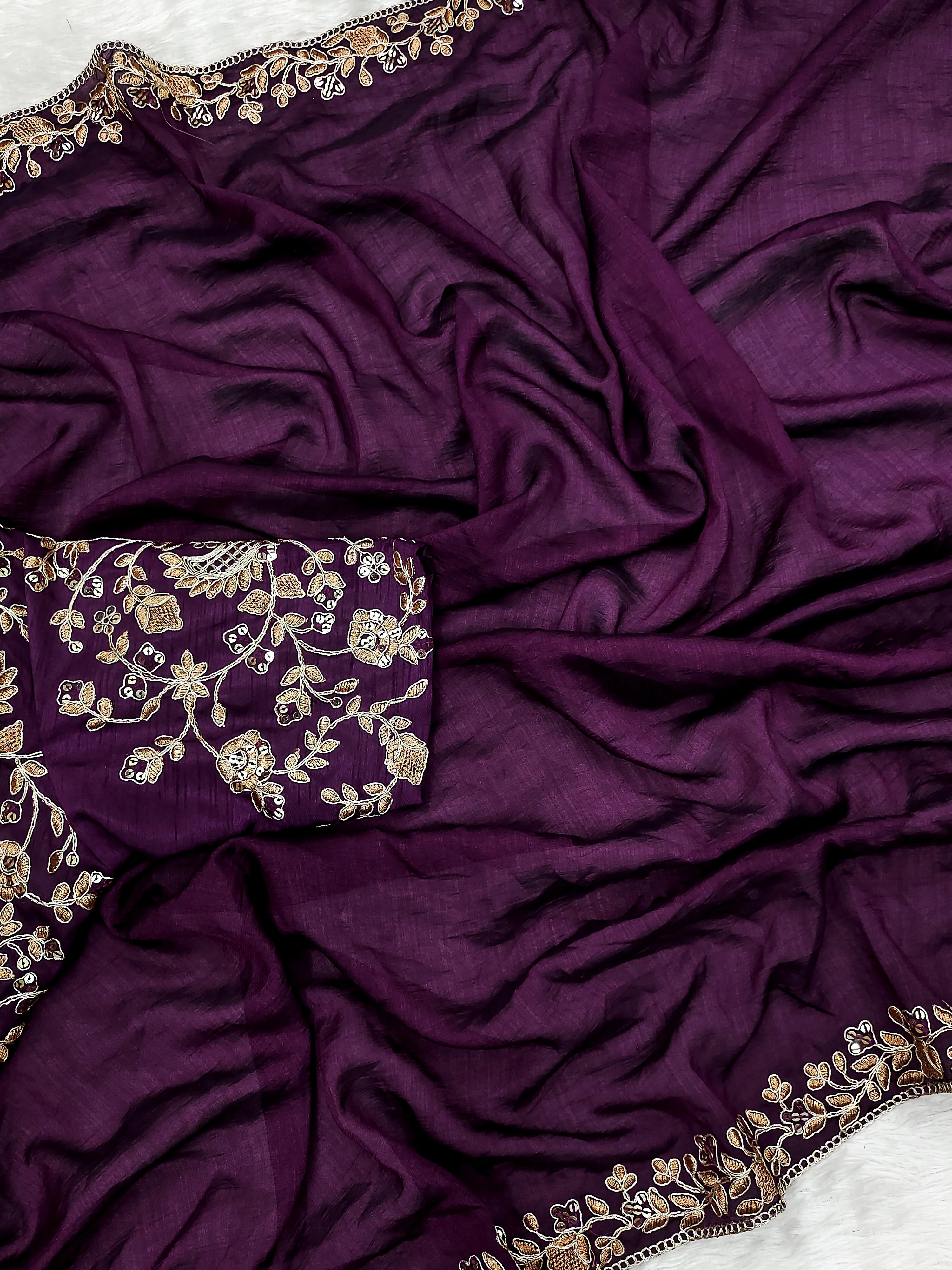 Wine Vichitra Silk Saree With Embroidery & Sequence CutWork Border