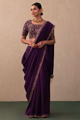 Wine Vichitra Silk Saree With Embroidery & Sequence CutWork Border