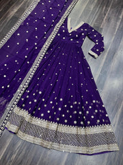 Stunning Purple Colour Embroidery Work Gown